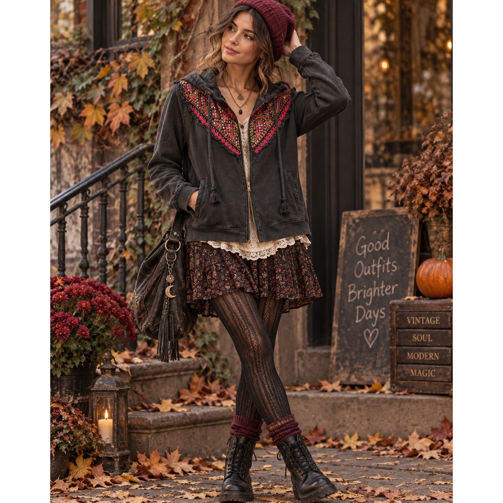 Anthropologie Akemi + Kin Hoodie Small Embroidered Boho Whimsy Grunge Black